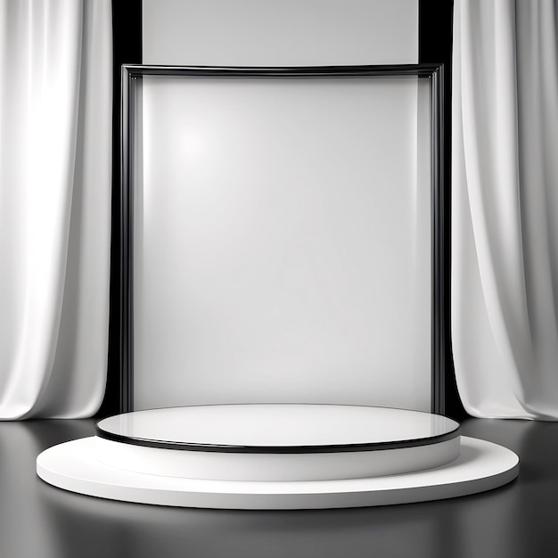 Błyszczący biały model podium do prezentacji produktu z kształtem czarnego metalu na białym tle zasłony