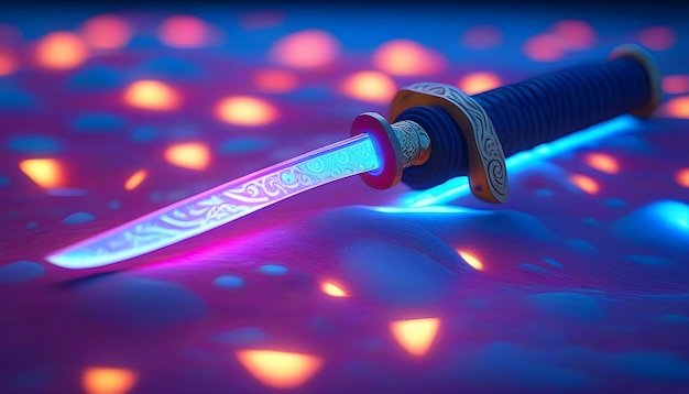 Błyszczący niebieski i fioletowy katana miecz utkiony w kamieniu otoczony neonowymi światłami