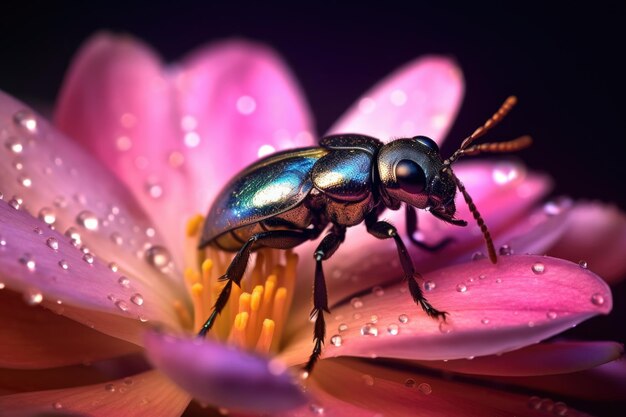Błyszczący opalizujący chrząszcz na płatku kwiatu stworzony za pomocą generatywnej sztucznej inteligencji