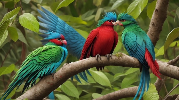 Błyszczący quetzal piękny ptak na brunch drzewa Las Tło Ai generowane