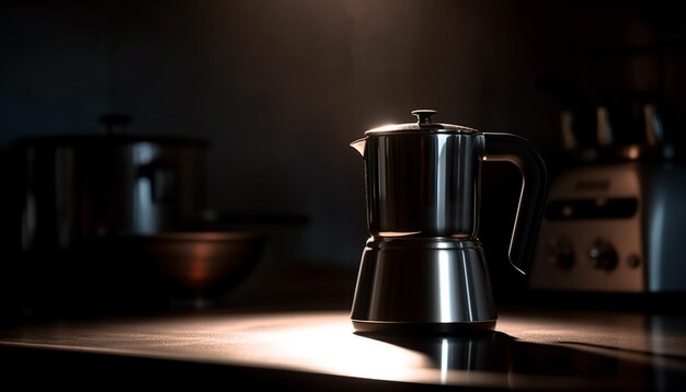 Zdjęcie błyszczący stalowy ekspres do kawy na nowoczesnym blacie kuchennym wygenerowany przez ai