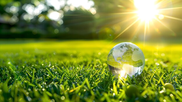 Błyszczący szklany globus na bujne trawy oświetlony przez wschód słońca Symbol ekologiczności i globalnego zrównoważonego rozwoju Doskonały do tematów środowiskowych AI
