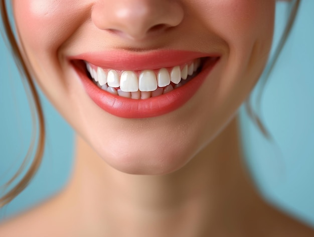 Błyszczący uśmiech ozdabia twarz pięknej kobiety z doskonale uderzającymi białymi zębami