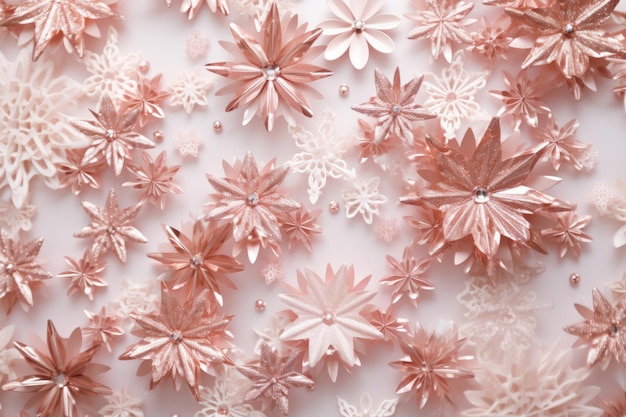 Błyszczący wzór płatka śniegu z akcentami z różowego złota Świąteczny błyszczący baner Generatywna ilustracja AI