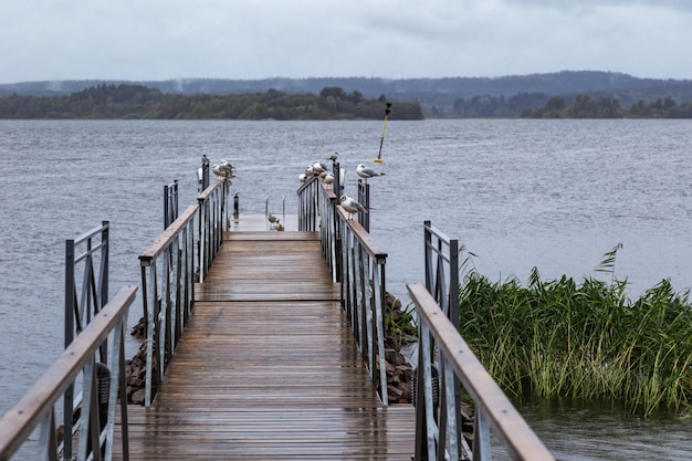 Boardwalk do jeziora, niebieska woda, pochmurne niebo.