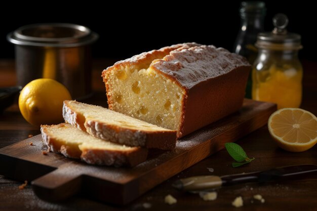 Bochenek chleba cytrynowego z twarogiem cytrynowym na drewnianej desce.