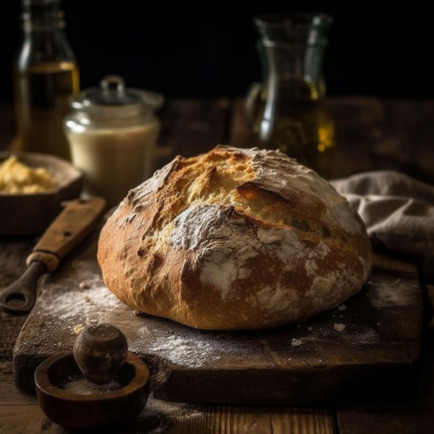 Bochenek chleba leży na desce do krojenia z kilkoma innymi rodzajami pieczywa.
