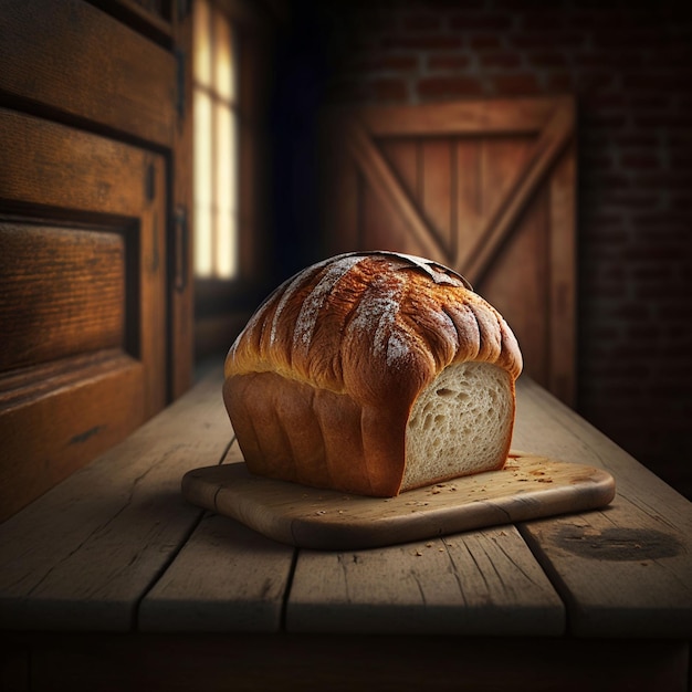 Bochenek chleba leży na drewnianej desce do krojenia przed drewnianymi drzwiami.