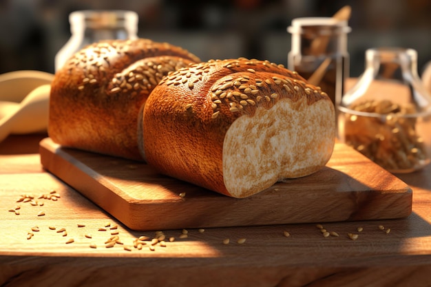 Bochenek chleba leży na drewnianej desce do krojenia.