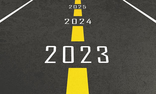 Boczna droga autostrada biegnij spacer podróż podróż 2023 czas numer czcionka szczęśliwego nowego roku wesołych świąt boże narodzenie początek początek strategia biznesowa pomysł cel cel zakończenie 2022 wizja przyszłość koncepcja