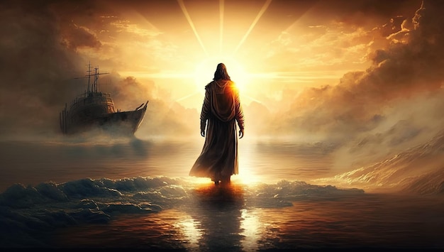 Bóg Jezus Chrystus chodzi po wodzie na morzu o zachodzie słońca ze świętymi promieniami słońca Biblijna historia religijna Generatywna ilustracja AI