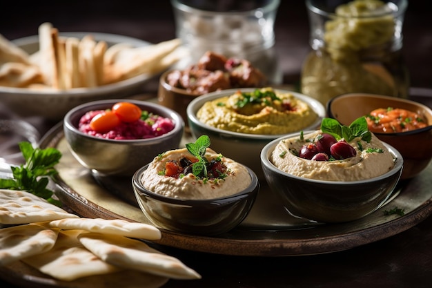 Bogata arabska pasta mezze zawierająca hummus baba ganoush falafel i oliwki