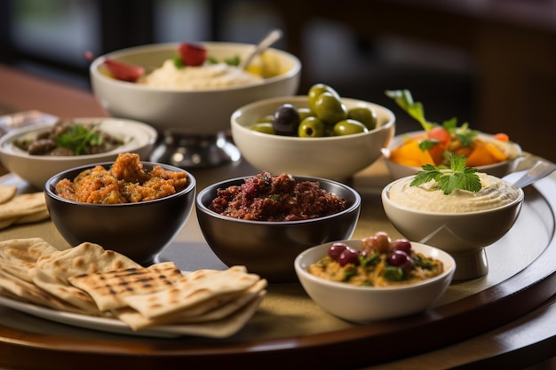 Bogata arabska pasta mezze zawierająca hummus baba ganoush falafel i oliwki