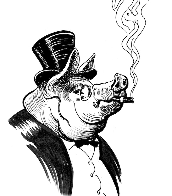 Bogata postać świni w garniturze. Czarno-biały rysunek tuszem