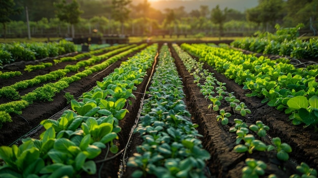 Zdjęcie bogata zielona farma warzywna wzdłuż złotego wschodu słońca obfite zbiory organiczne