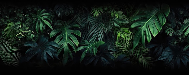 Bogate liście tropikalnych lasów deszczowych na czarnym tle