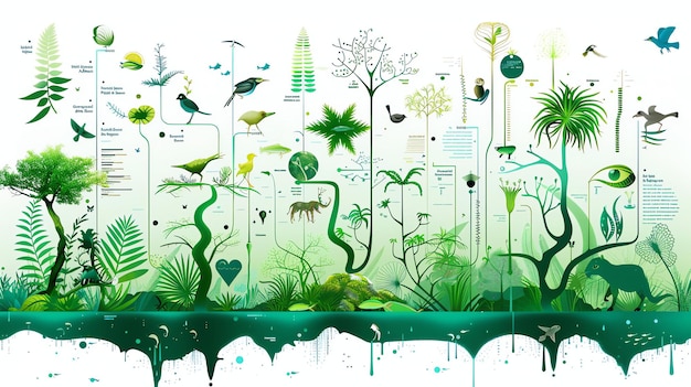 Zdjęcie bogate zielone liście z różnorodnymi roślinami i zwierzętami w tętniącym życiem ekosystemie