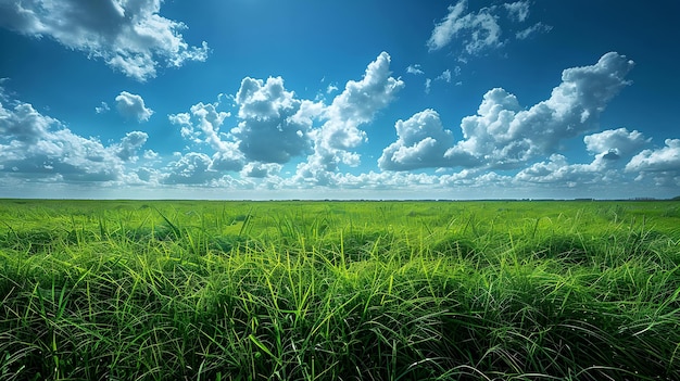 Zdjęcie bogate zielone pole pod niebieskim niebem z puszystymi chmurami żywy krajobraz naturalny idealny dla tła ai