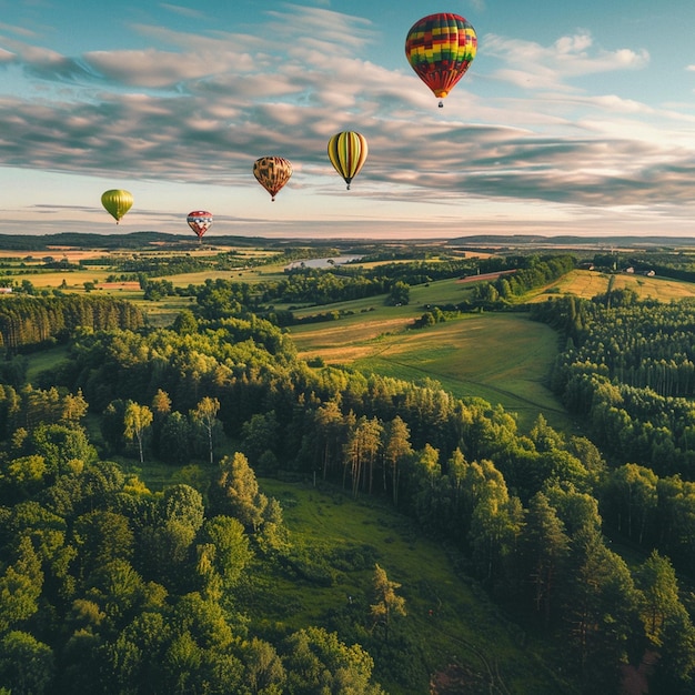 Bogate zielone pole z balonami powietrznymi latającymi nad letnim krajobrazem