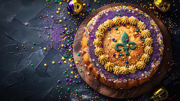 Bogaty I Aksamitny Cheesecake Mardi Gras Jest Idealnym Przysmakem Do Cieszenia Się Na Mardi Gras Z Nastrojowym Tłem Generatywna Sztuczna Inteligencja