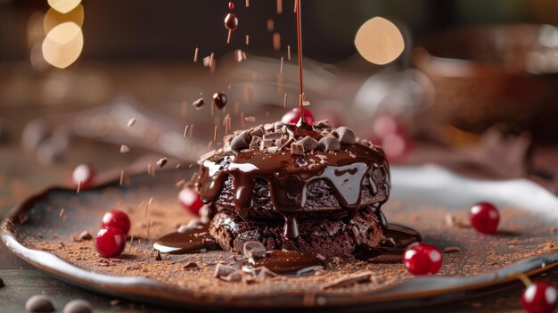 Bogaty syrop czekoladowy wylewany i elegancko rozpryskiwany na talerzu na deser