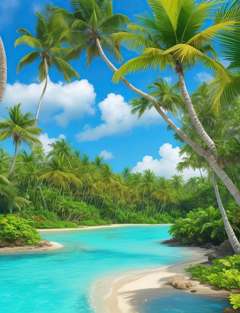 Bogaty tropikalny krajobraz z żywymi zielonymi palmami, turkusową wodą i kolorowymi kwiatami.