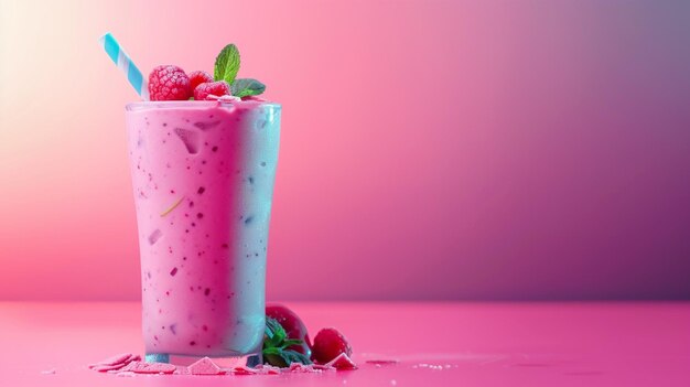 Bogaty w składniki odżywcze różowy smoothie z malinami i miętowymi posypkami