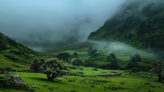 Bogaty zielony irlandzki krajobraz otoczony mistyczną mgłą