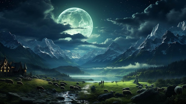 Bogaty zielony krajobraz pod pełnią księżyca naturalne piękno