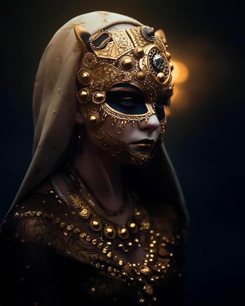 bogini fantasy w złotej masce Tiger Cheetah i złotych akcesoriach w dramatycznych światłach