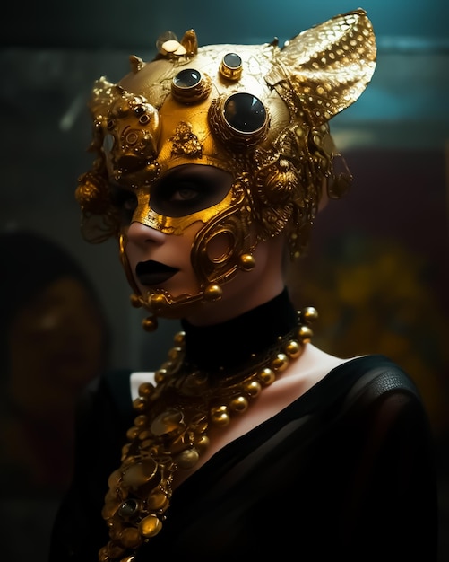 bogini fantasy w złotej masce Tiger Cheetah i złotych akcesoriach w dramatycznych światłach