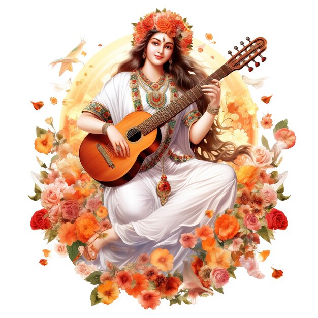 Zdjęcie bogini saraswati szczęśliwy vasant panchami puja siedząca na lotosowym instrumencie muzycznym ai generated