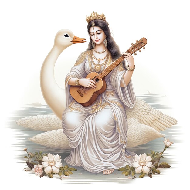 Zdjęcie bogini saraswati szczęśliwy vasant panchami puja siedząca na lotosowym instrumencie muzycznym ai generated