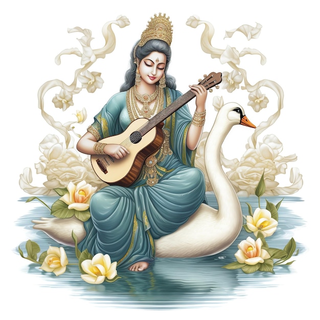 Bogini Saraswati Szczęśliwy Vasant Panchami Puja siedzący na lotosowym instrumencie muzycznym Ai Generated