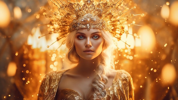 Bogini w złotych sukniach w wizerunku płonącego słońca wszechświata płomienia