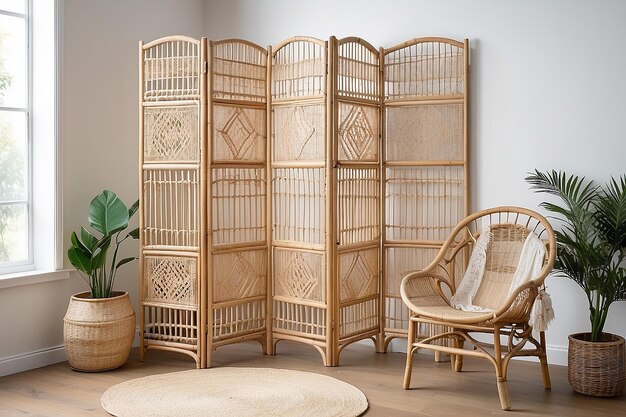 Zdjęcie bohemian rattan room divider screen z naturalnymi rozdzielaczami