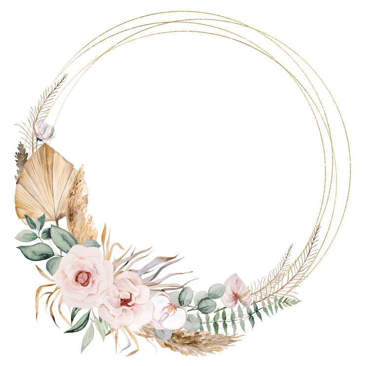 Zdjęcie boho wedding akwarela ramka z beżowymi i turkusowymi zielonymi tropikalnymi liśćmi i ilustracją kwiatów orchidei