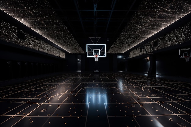 Zdjęcie boisko do koszykówki z czarną podłogą i czarnym tłem z wzorem gwiazdy na suficie.