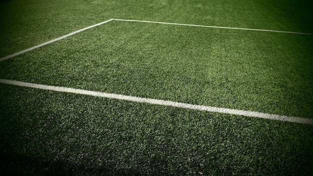 Boisko do piłki nożnej o mistrzostwo Oznaczenie boiska do piłki nożnej na białych liniach zielonej trawy