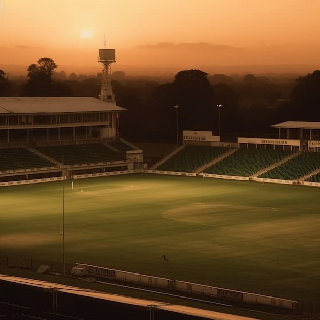 Boisko do piłki nożnej z zielonym dachem i stadionem na tle zachodzącego słońca.