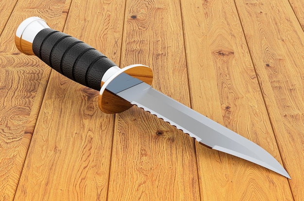 Bojowy nóż myśliwski na drewnianym stole renderowania 3D