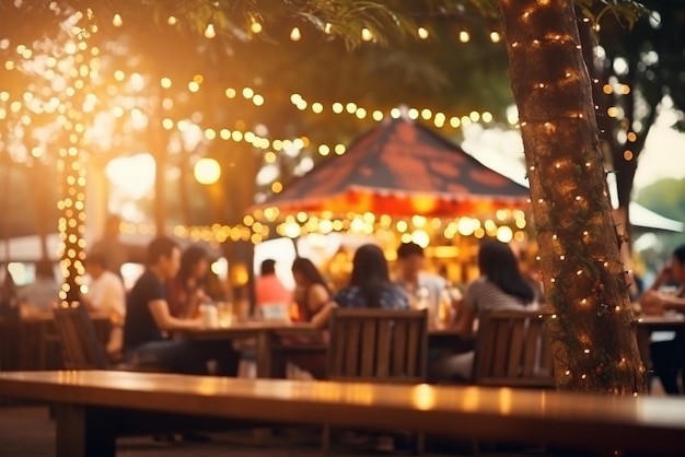 Bokeh tło Street Bar restauracja piwa na świeżym powietrzu w Azji Ludzie siedzą chill out i spędzać obiad i słuchać muzyki razem w Avenue Happy życie ciężko pracować grać ciężko