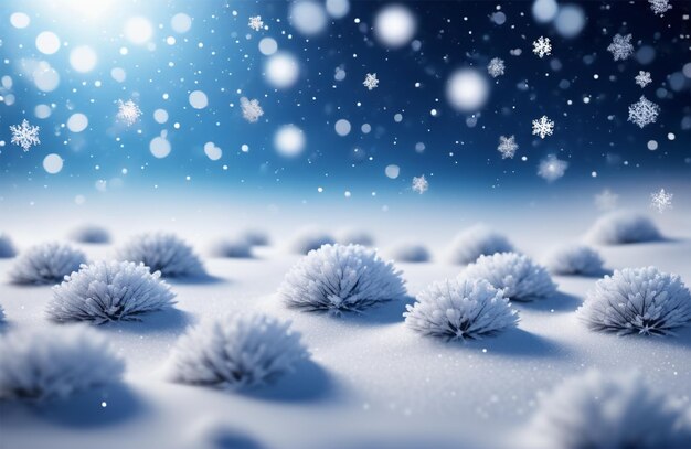 Bokeh z białym śniegiem i płatkami śniegu na niebieskim tle