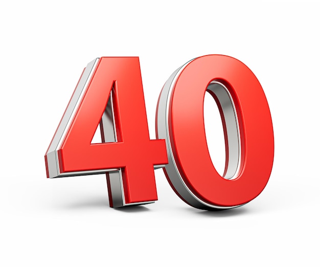 Bold Vibrant Red Number Forty Number 40 z metalicznym na białym tle ilustracją 3D