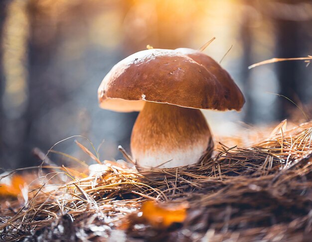 Boletus edulis lub grzyb porcini w lesie jesiennym