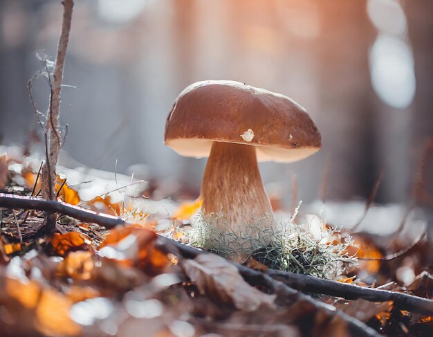 Boletus edulis lub grzyb porcini w lesie jesiennym