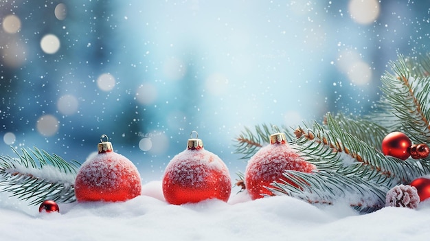 Bombki świąteczne na śniegu z gałęziami jodły