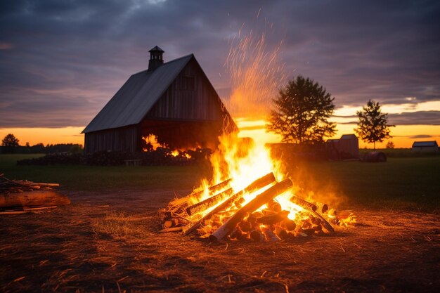 Zdjęcie bonfire in a rural setting with a rustic barn in the background