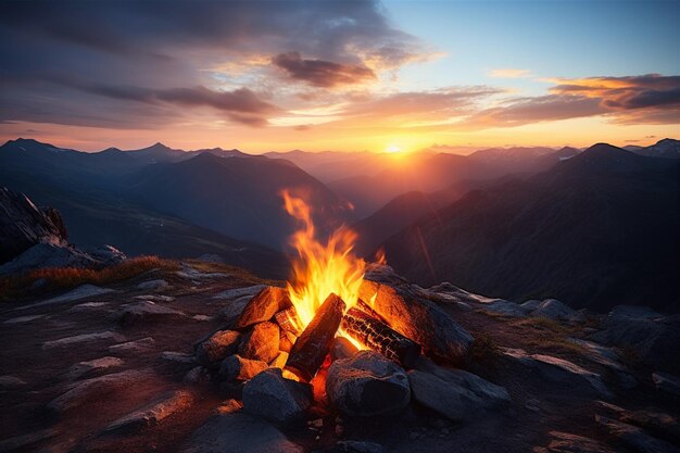 Zdjęcie bonfire on a mountain peak at sunrise