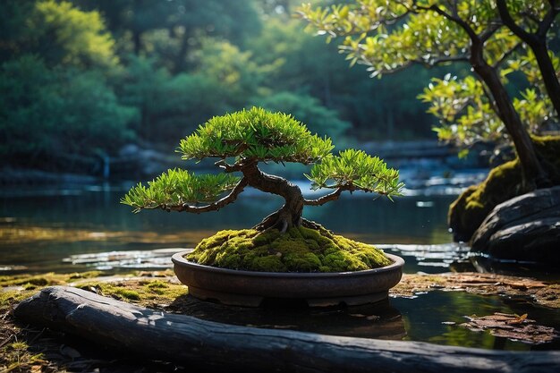 Zdjęcie bonsai przy odosobnionym stawie leśnym